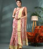 White zari tribal print cotton silk saree with blouse piece