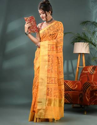 Yellow zari tribal print cotton silk saree with blouse piece 4