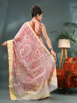 White zari tribal print cotton silk saree with blouse piece 2
