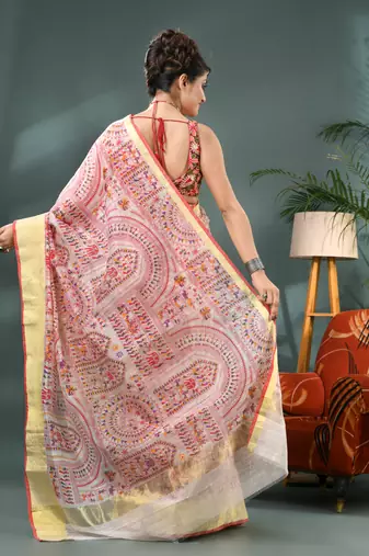 White zari tribal print cotton silk saree with blouse piece