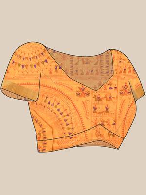 Yellow zari tribal print cotton silk saree with blouse piece 5