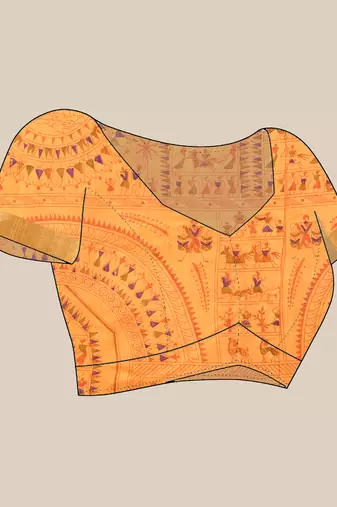 Yellow zari tribal print cotton silk saree with blouse piece