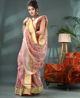 White zari tribal print cotton silk saree with blouse piece 3