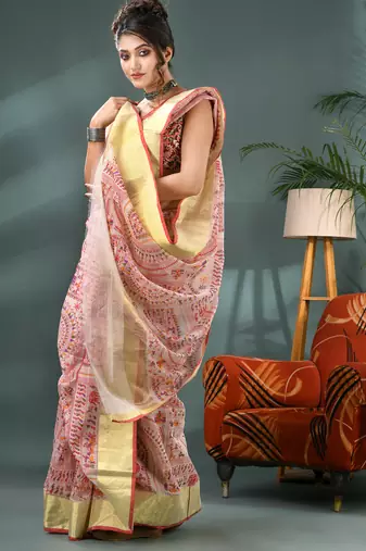 White zari tribal print cotton silk saree with blouse piece