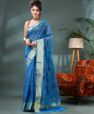 Blue zari tribal print cotton silk saree with blouse piece 1