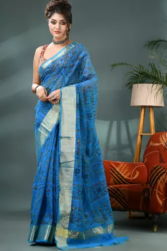 Blue zari tribal print cotton silk saree with blouse piece