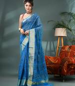 Blue zari tribal print cotton silk saree with blouse piece