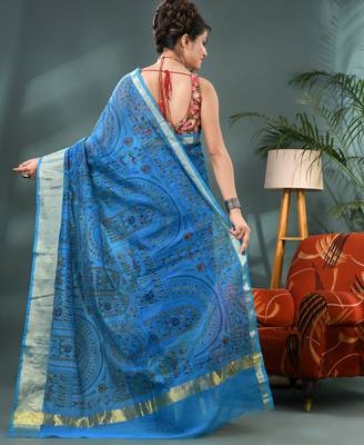 Blue zari tribal print cotton silk saree with blouse piece 2