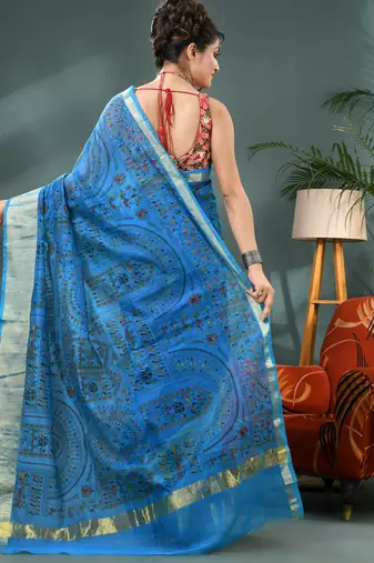 Blue zari tribal print cotton silk saree with blouse piece