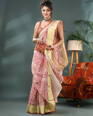White zari tribal print cotton silk saree with blouse piece 4