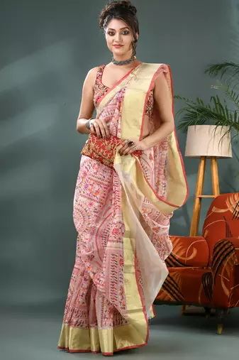 White zari tribal print cotton silk saree with blouse piece