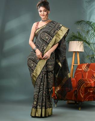 Black zari tribal print cotton silk saree with blouse piece 1