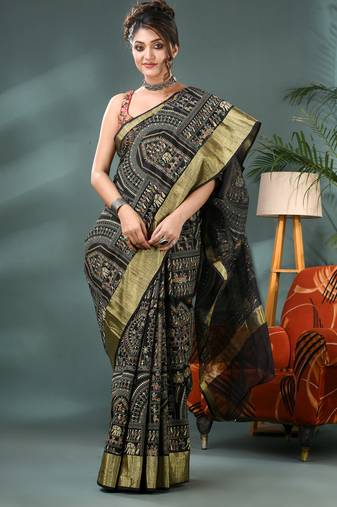 Black zari tribal print cotton silk saree with blouse piece