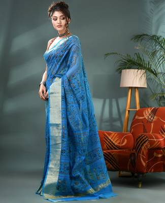 Blue zari tribal print cotton silk saree with blouse piece 3