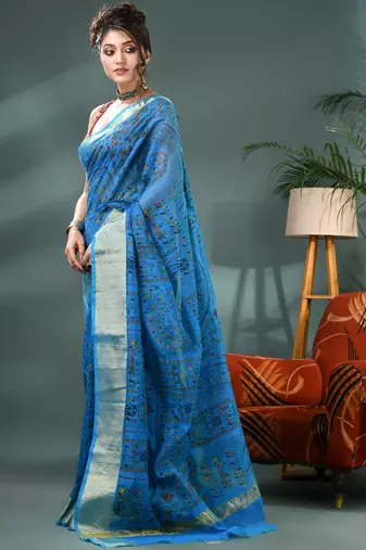 Blue zari tribal print cotton silk saree with blouse piece