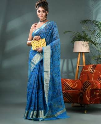 Blue zari tribal print cotton silk saree with blouse piece 4