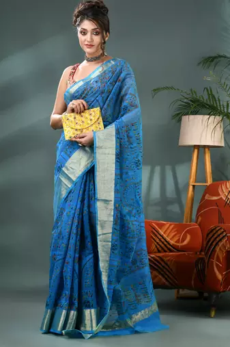Blue zari tribal print cotton silk saree with blouse piece