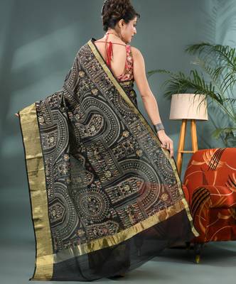 Black zari tribal print cotton silk saree with blouse piece 2