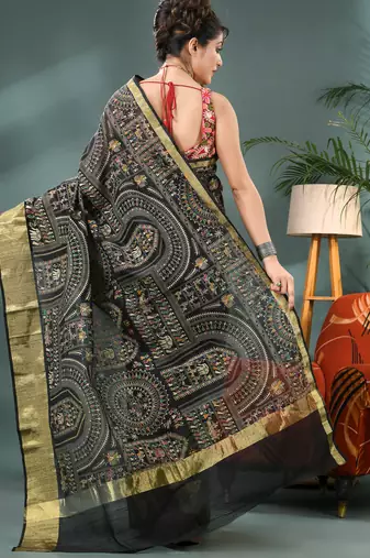 Black zari tribal print cotton silk saree with blouse piece