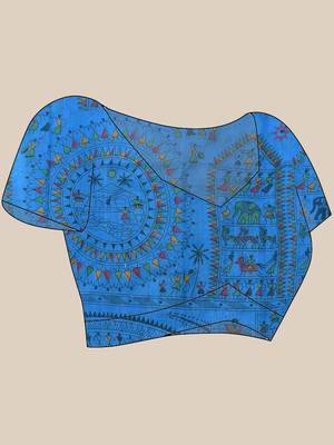 Blue zari tribal print cotton silk saree with blouse piece 5