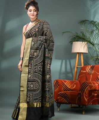 Black zari tribal print cotton silk saree with blouse piece 3