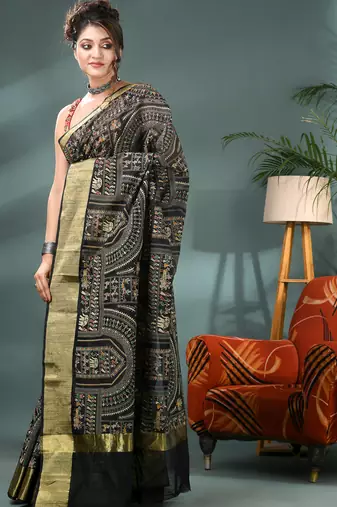 Black zari tribal print cotton silk saree with blouse piece