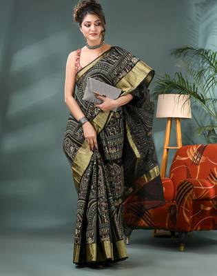 Black zari tribal print cotton silk saree with blouse piece 4
