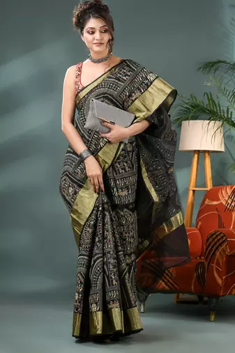 Black zari tribal print cotton silk saree with blouse piece
