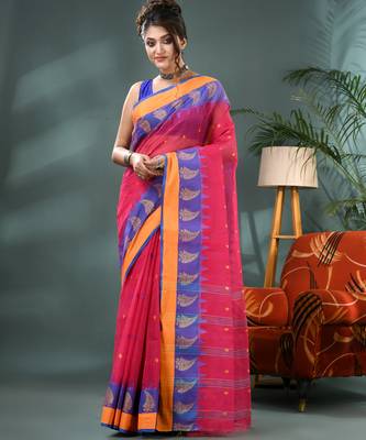 Pink sitaara borfi design pure cotton handloom saree 1