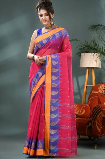 Pink sitaara borfi design pure cotton handloom saree
