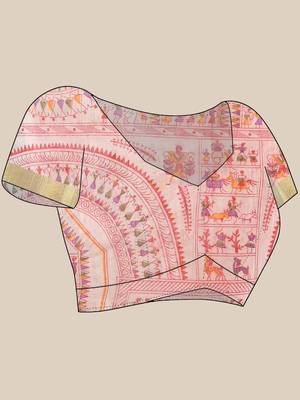 White zari tribal print cotton silk saree with blouse piece 5