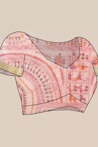 White zari tribal print cotton silk saree with blouse piece