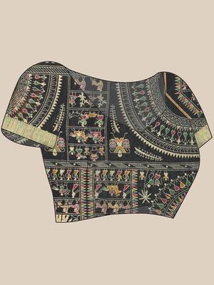 Black zari tribal print cotton silk saree with blouse piece 5