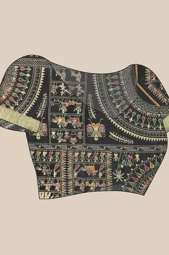 Black zari tribal print cotton silk saree with blouse piece