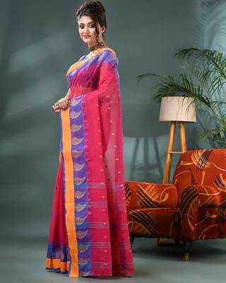 Pink sitaara borfi design pure cotton handloom saree 3