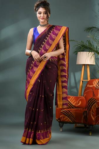 Brown sitaara borfi design pure cotton handloom saree