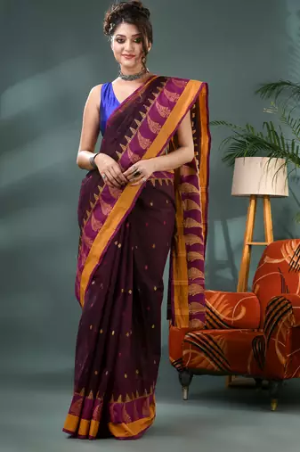 Brown sitaara borfi design pure cotton handloom saree