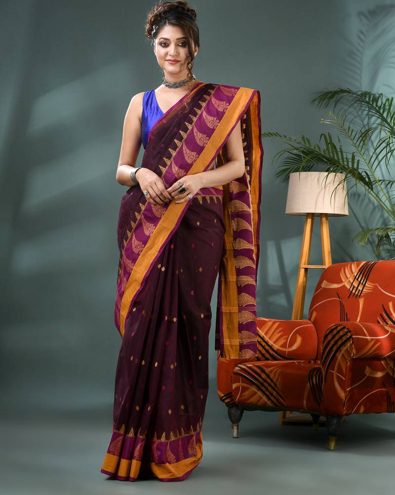 Brown sitaara borfi design pure cotton handloom saree