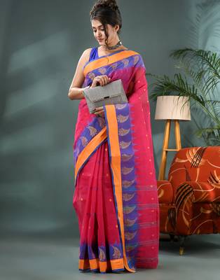 Pink sitaara borfi design pure cotton handloom saree 4