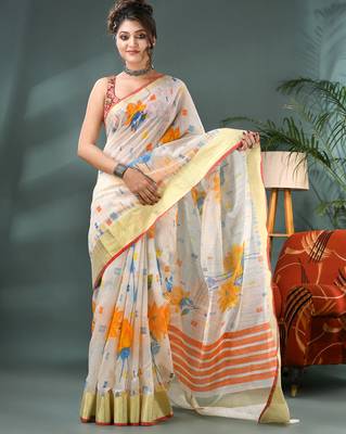 White cotton silk handloom floral batik print saree with blouse piece 1