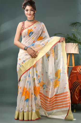 White cotton silk handloom floral batik print saree with blouse piece
