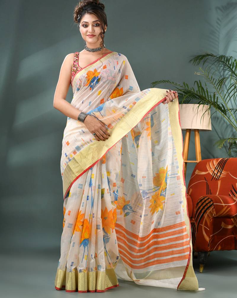 White cotton silk handloom floral batik print saree with blouse piece