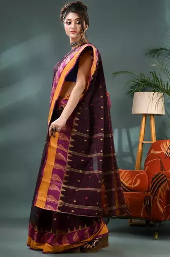 Brown sitaara borfi design pure cotton handloom saree