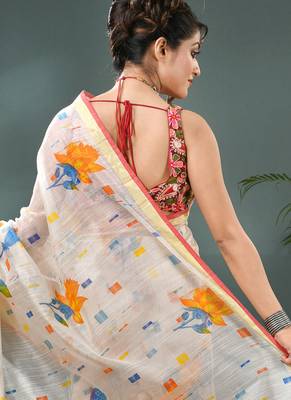 White cotton silk handloom floral batik print saree with blouse piece 2