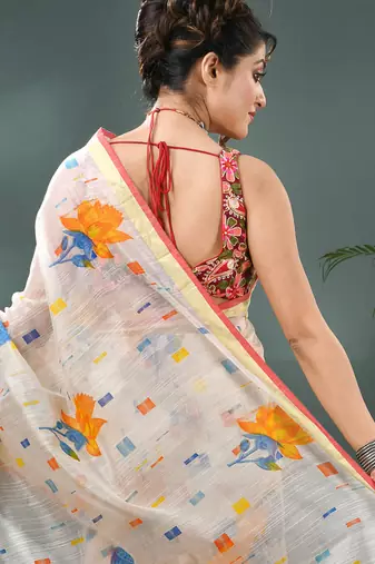 White cotton silk handloom floral batik print saree with blouse piece
