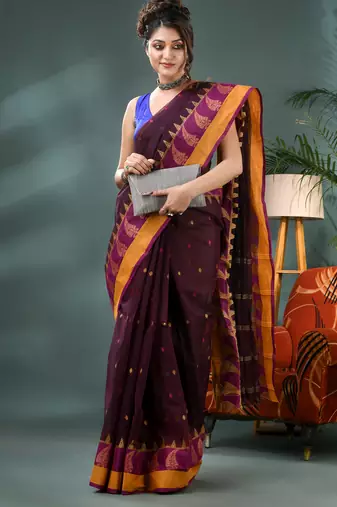 Brown sitaara borfi design pure cotton handloom saree