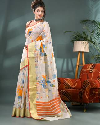 White cotton silk handloom floral batik print saree with blouse piece 3