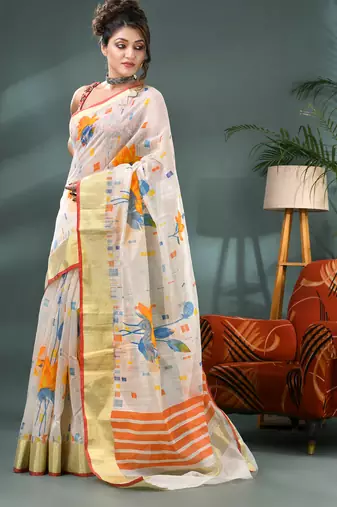 White cotton silk handloom floral batik print saree with blouse piece
