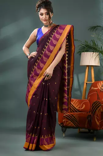Brown sitaara borfi design pure cotton handloom saree