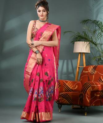 Pink cotton silk handloom floral batik print saree with blouse piece 1